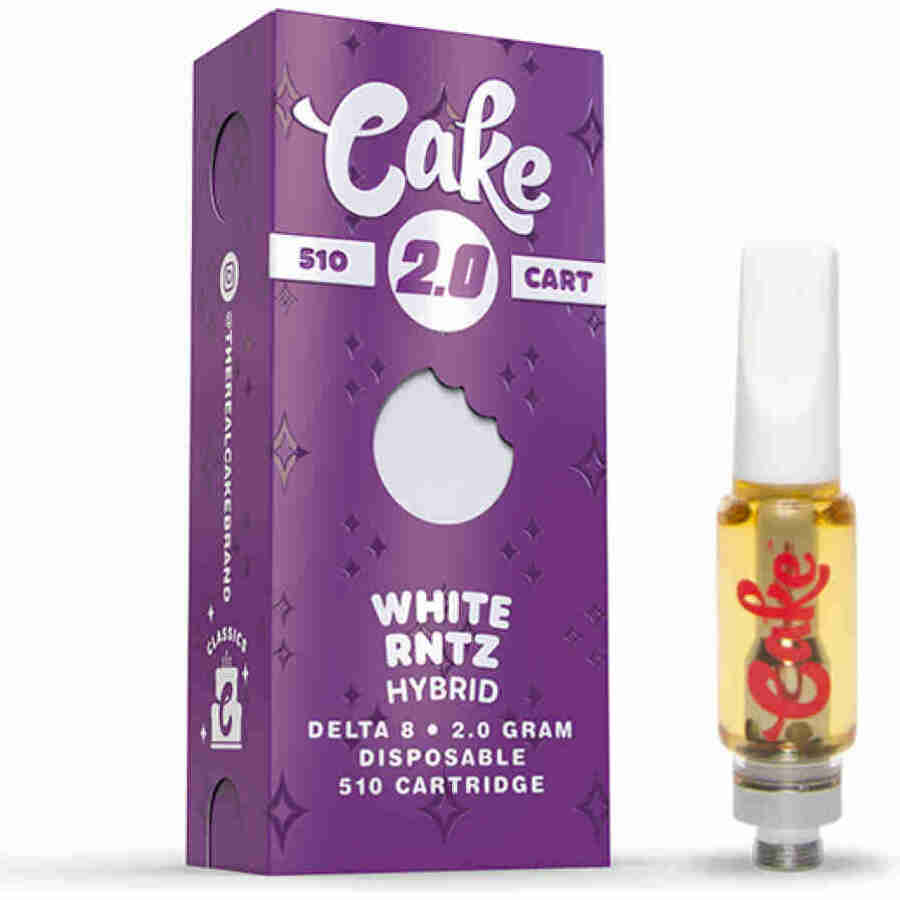 A purple box with a bottle of liquid next to it, containing Cake Delta-8 510 Vape Cartridges 2g White RTNZ.