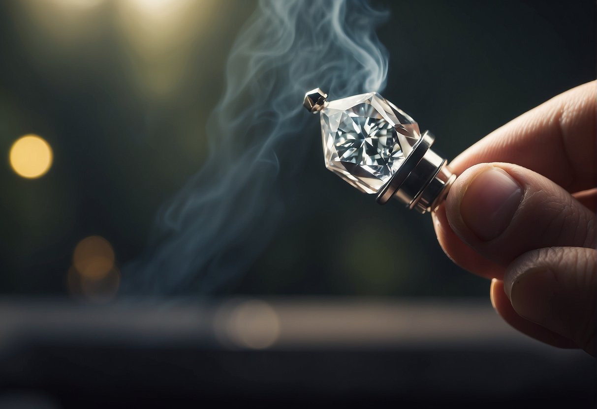 A hand holds a dab tool with thca diamonds, heating them with a torch. Smoke rises from the banger as the diamonds vaporize