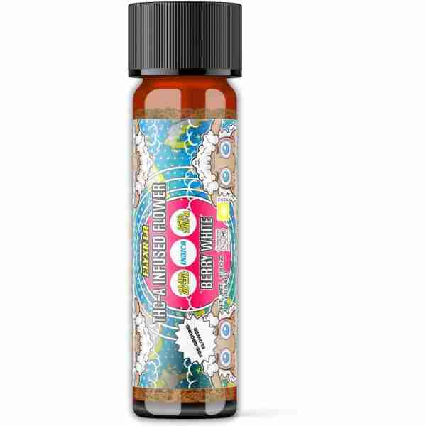 A bottle of Berry White e-liquid with a colorful design on it.