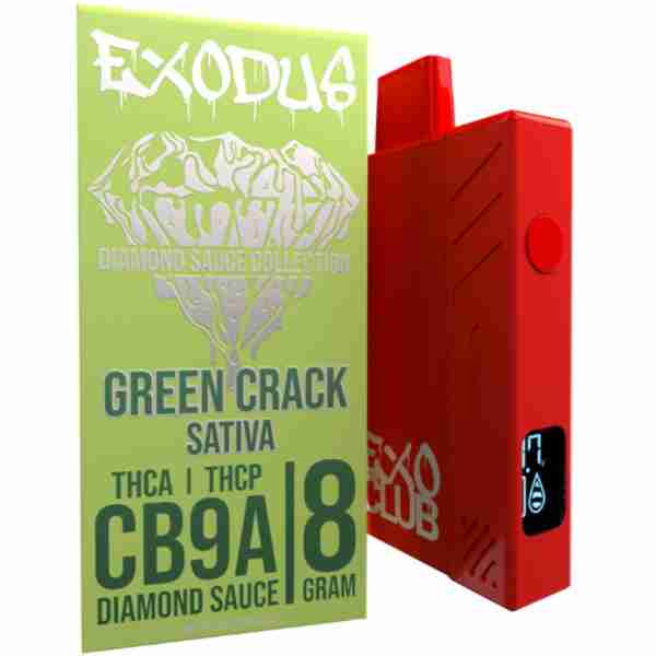 A red electronic cigarette is seen next to a green box containing the Exodus Diamond Sauce Collection.
Keywords: Exodus Diamond Sauce Collection, Green Crack