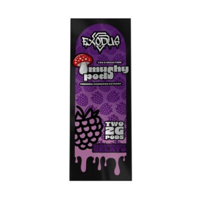 A package with a purple and black label containing Exodus ExoClub Replacement Mushy Pods 2g.