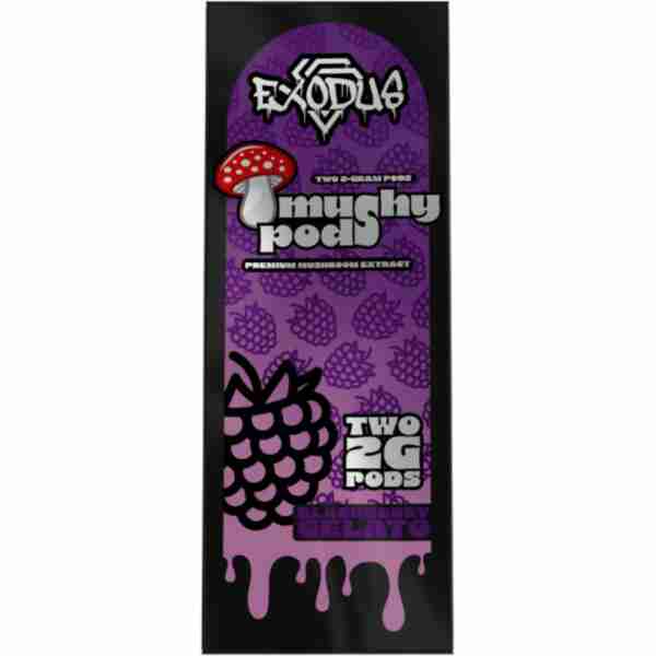 A package with a purple and black label containing Exodus ExoClub Replacement Mushy Pods 2g.
