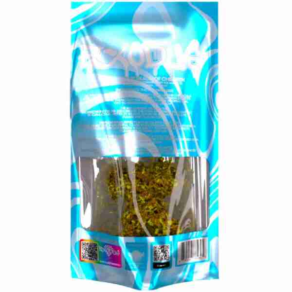 A bag of Exodus THCA Indoor Flower Jars 8g with a blue background featuring Exodus THCA.