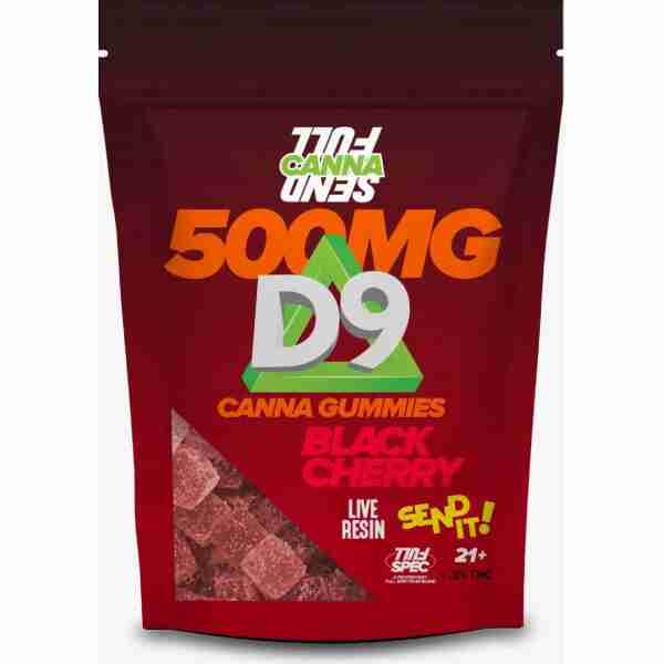 Full Send HD D9 Gummies 500mg 15pc in black cherry flavor, enhanced with Delta 8 THC.