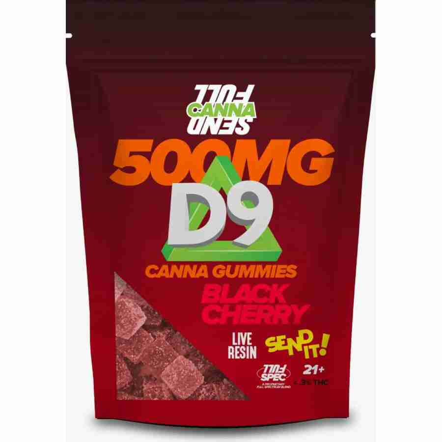 Full Send HD D9 Gummies 500mg 15pc in black cherry flavor, enhanced with Delta 8 THC.