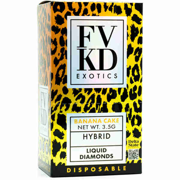 Product packaging for "FVKD Exotics Banana Cake Hybrid" cannabis concentrate with a leopard print background.
