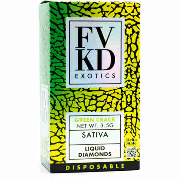 Product packaging for "FVKD Exotics Green Crack Sativa Liquid Diamonds Disposables" with a net weight of 3.5g.