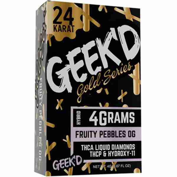 Indulge in a box of Geek'D Gold Series Fruity Pebbles, the perfect blend of nostalgia and luxury.