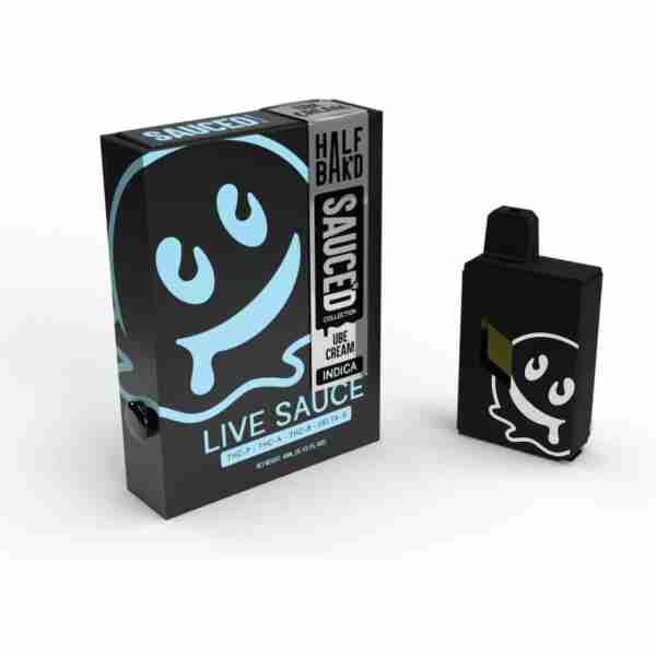 Packaging and cartridge for "Half Bak'd Sauce'd Collection" cannabis product with a smiling ghost logo.