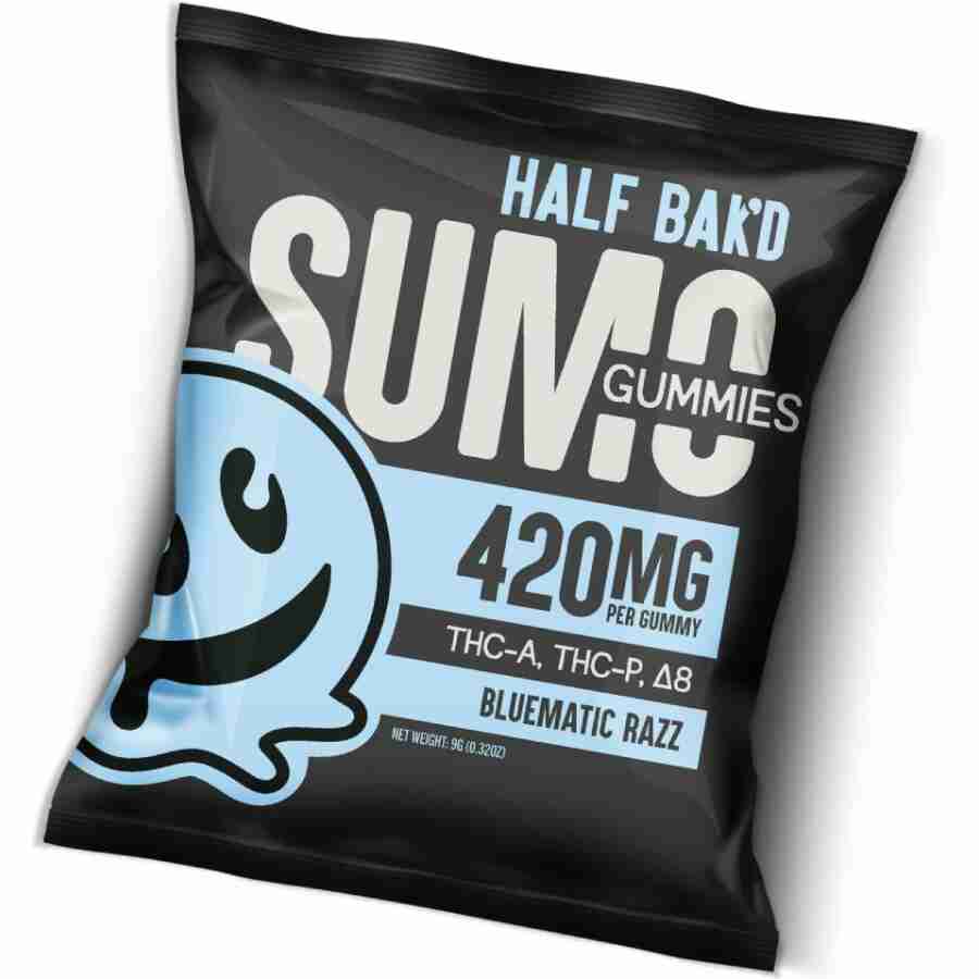 Packaging for "Half Bak'd Sumo Gummies 420mg" with 420mg THC, including THCA, THC-P, and THC-AP, flavored as Bluematic Razz