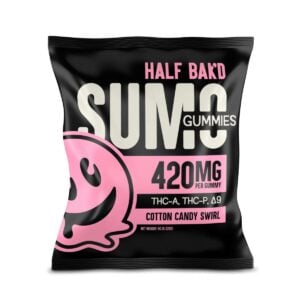 A package of "Sumo Gummies" with a Cotton Candy Swirl flavor, containing 420mg of THC per gummy.