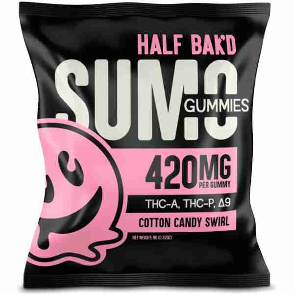 A package of "Sumo Gummies" with a Cotton Candy Swirl flavor, containing 420mg of THC per gummy.