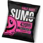 A package of "half baked sumo gummies" with 420mg THC-A per gummy, in Cotton Candy Swirl flavor.