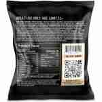 A digitally generated image of a black snack bag with humorous content including a fake age limit warning and an amusing QR code message for Half Bak'd Sumo Gummies.