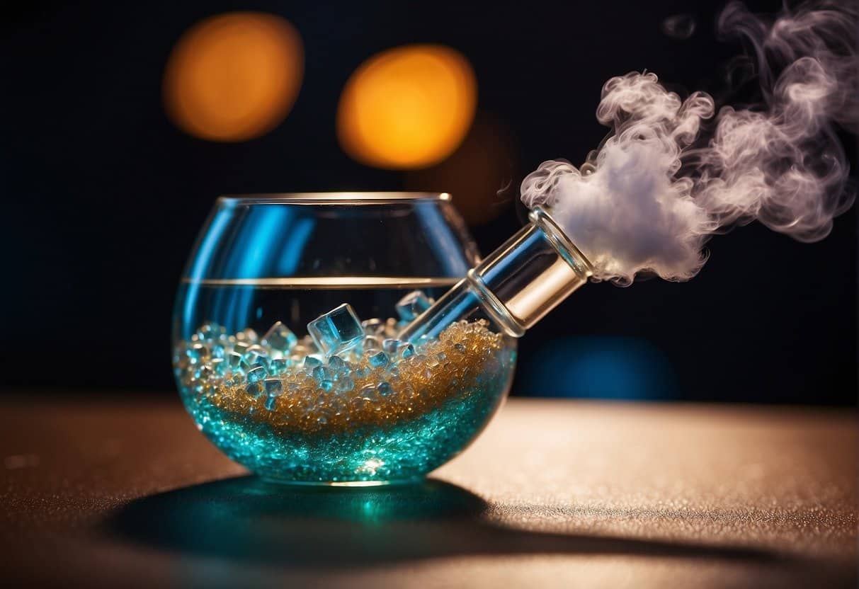 A glass pipe filled with THCA crystals being heated with a torch, releasing vapor