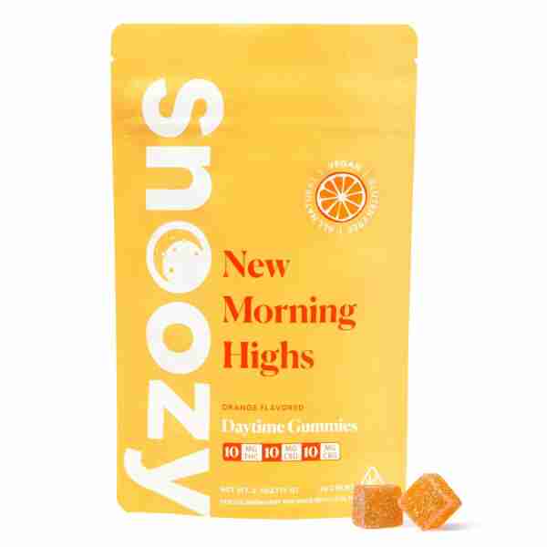 A vegan yellow bag with Snoozy Vegan THC Gummies 20pc cubes.