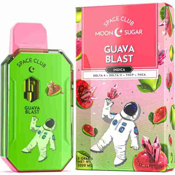A bottle of Space Club Moon Sugar Preheat Disposable Vape Pens 3g Guava Blast, a tantalizing blend of Moon Sugar and exotic guava flavors, perfect for enjoying at the exclusive Space Club.