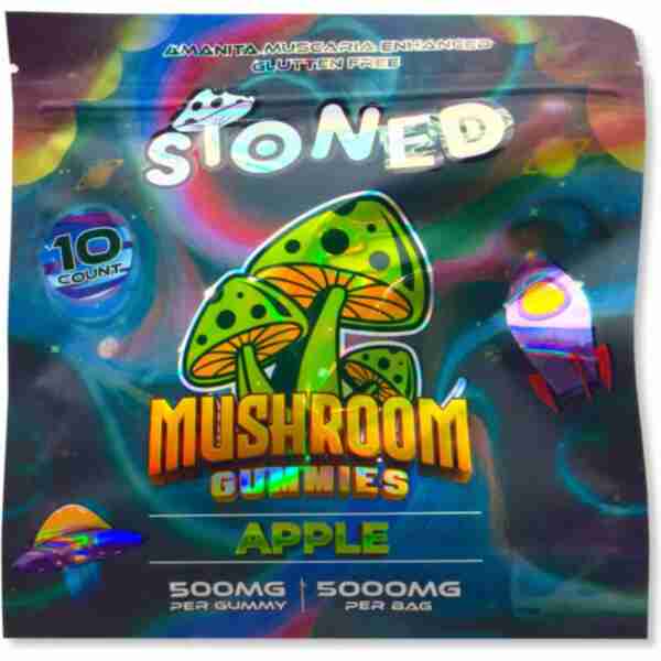 A bag of stoned mushroom gummies with an apple infused, containing 500mg of CBD.