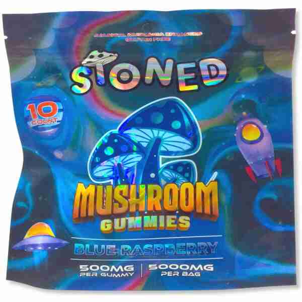 Psychedelic blueberry mushroom gummies infused with 500mg of THC.