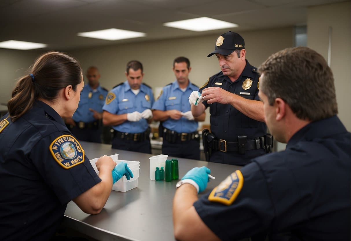 A group of police officers is standing around a table.