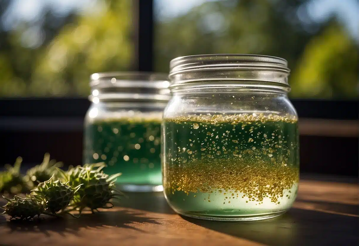 THC concentrate mixture in a mason jar, with solvent evaporating, and crystals forming at the bottom, surrounded by a cloudy liquid