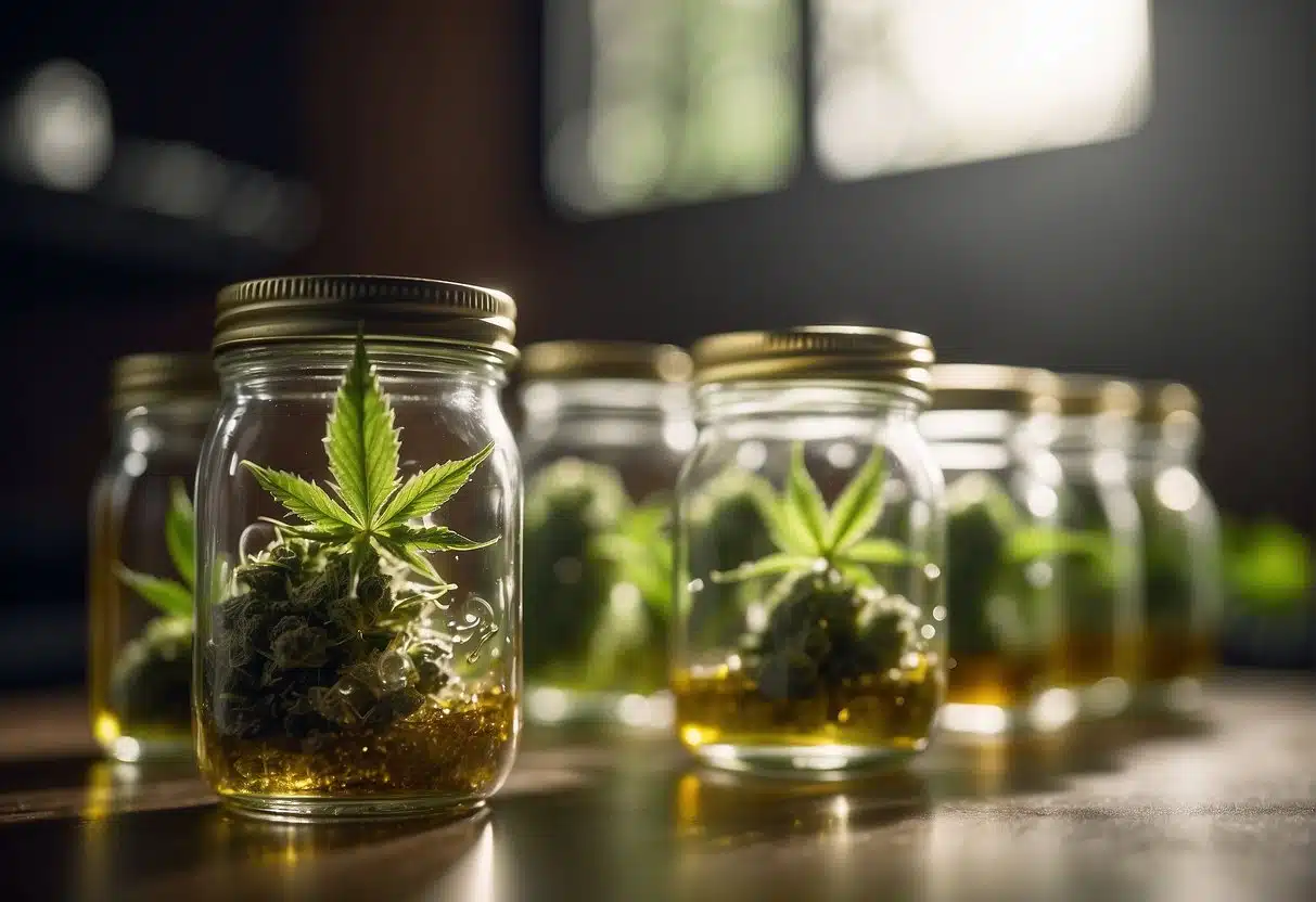 Delta 8 THC cannabis plants in glass jars on a wooden table.