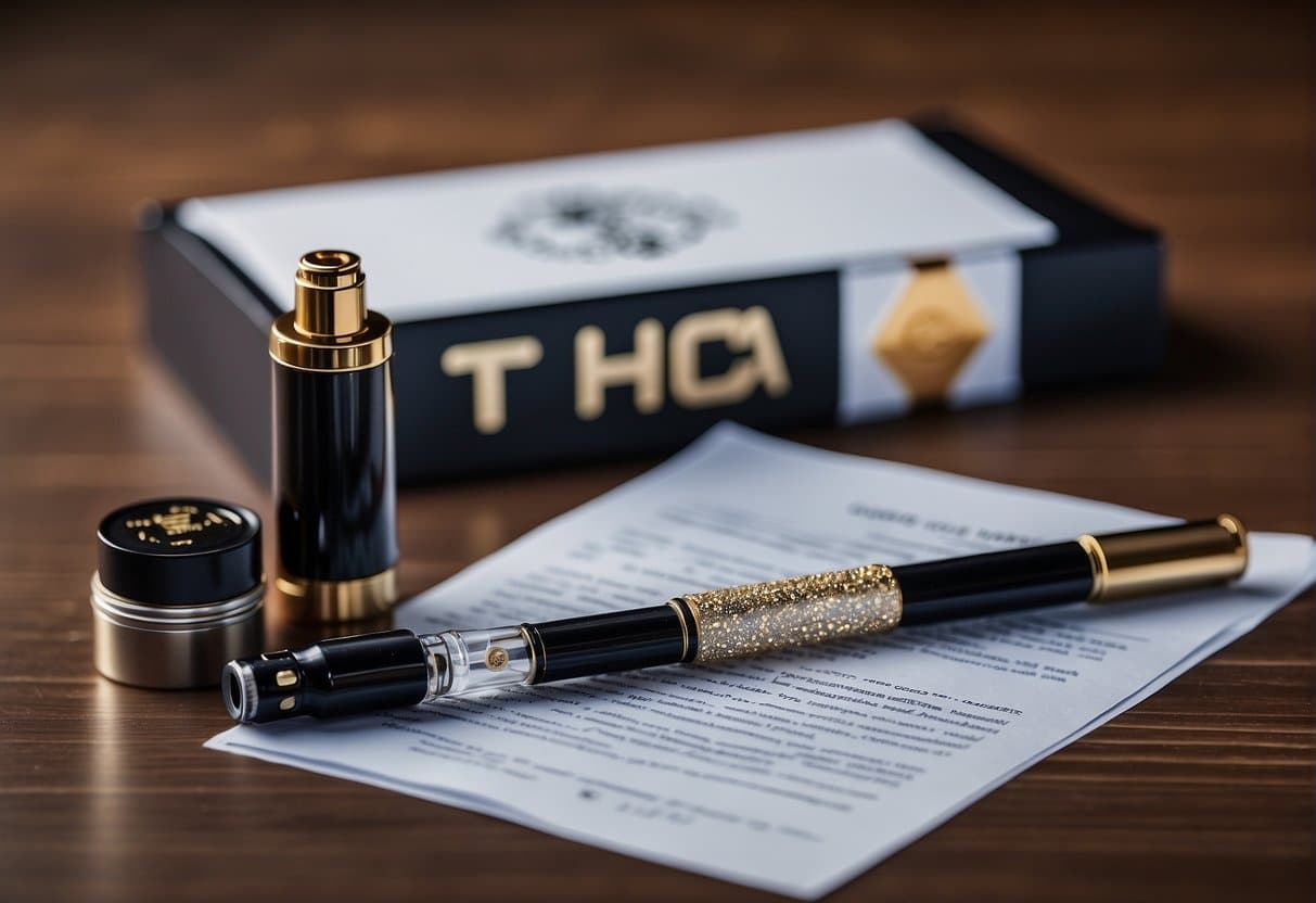 A person holds a vape pen next to a container of THCA diamonds, with a legal document in the background