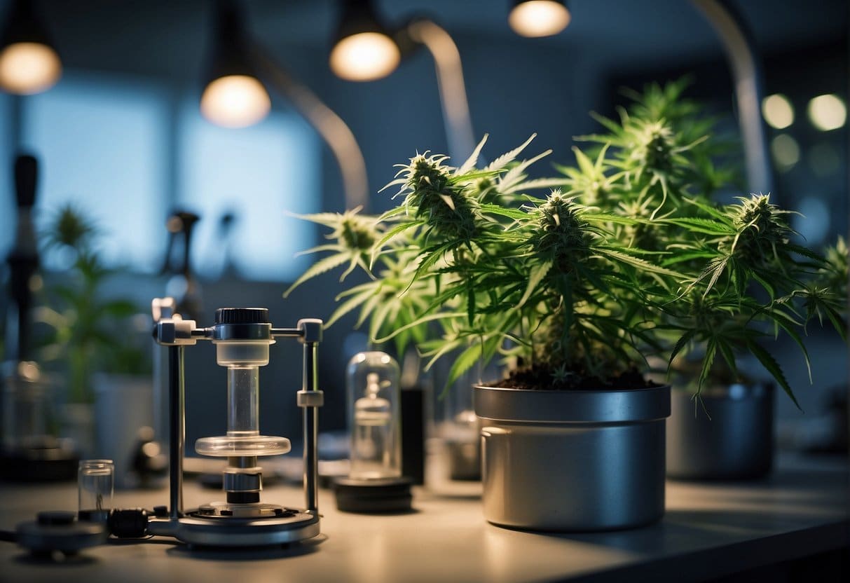 Delta 8 THC cannabis plants on a table in a laboratory.