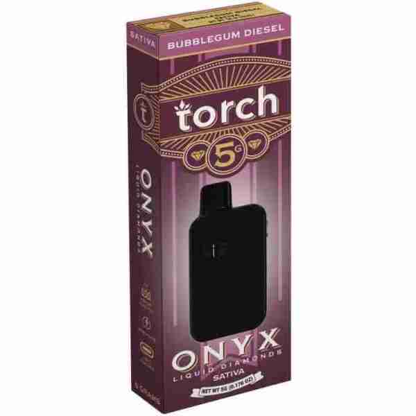 A box with a Torch Onyx Liquid Diamonds THCa Disposable Vape 5g Bubblegum Diesel.