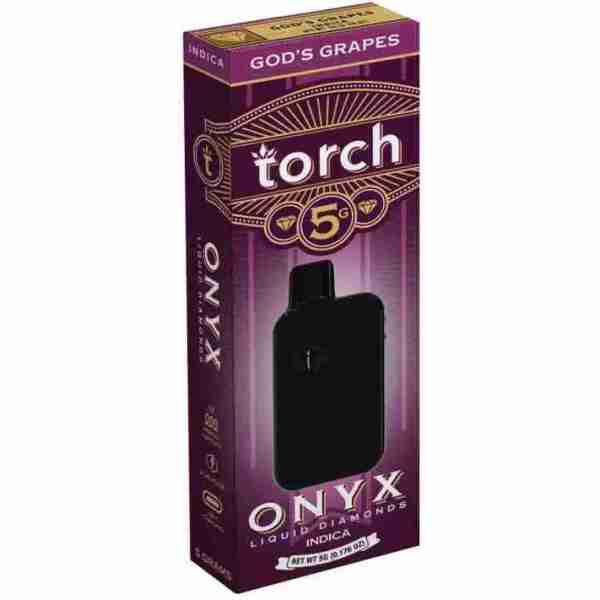 A box containing a Torch Onyx Liquid Diamonds THCa Disposable Vape 5g God's Grapes and a box of e-liquid.