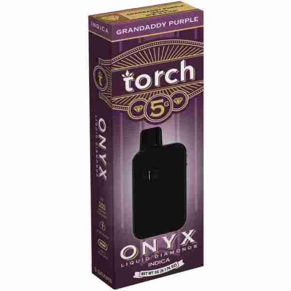 A box of the Torch Onyx Liquid Diamonds THCa Disposable Vape 5g Granddaddy Purple, accompanied by the Liquid Diamonds THCa.