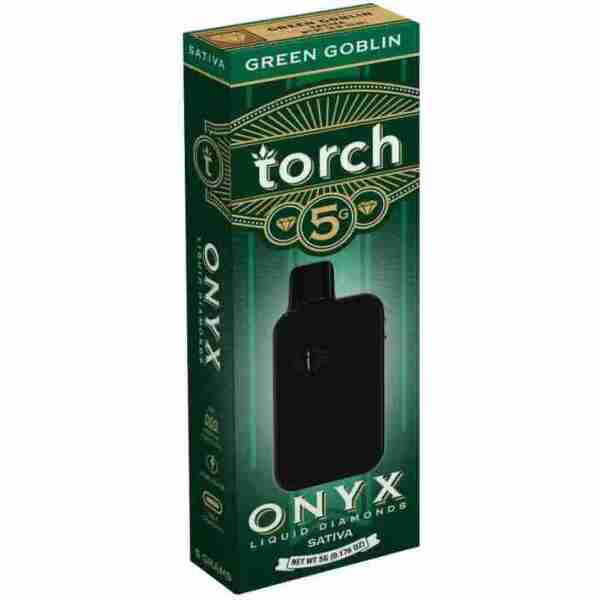 A box of Torch Onyx Liquid Diamonds THCa Disposable Vape 5g Green Goblin, infused with THCa and Liquid Diamonds.