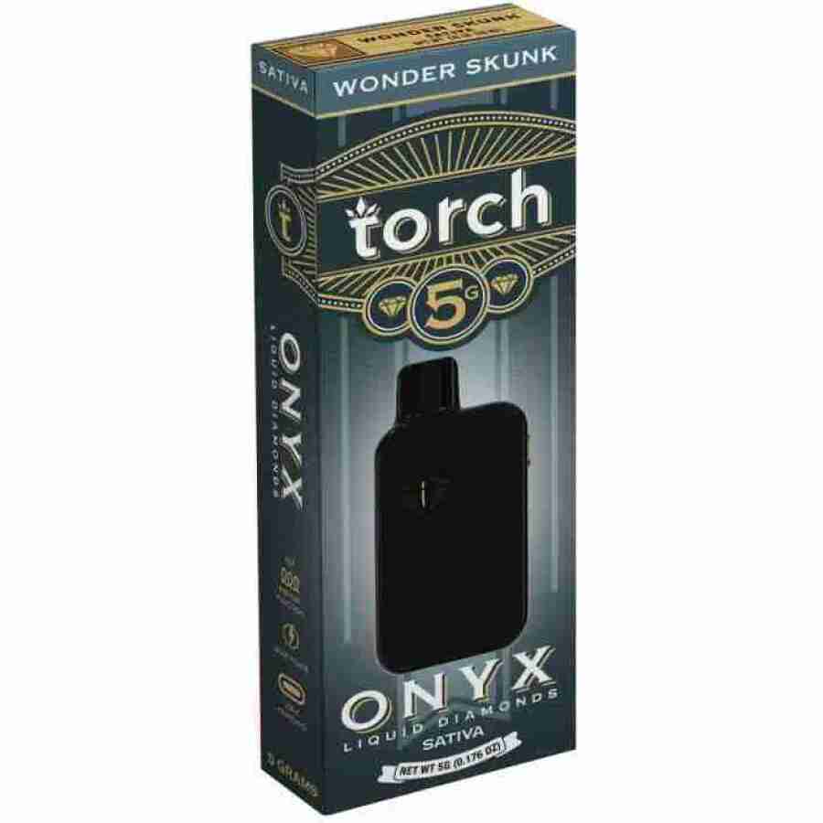 A black box with a Torch Onyx Liquid Diamonds THCa Disposable Vape 5g Wonderful Skunk inside.