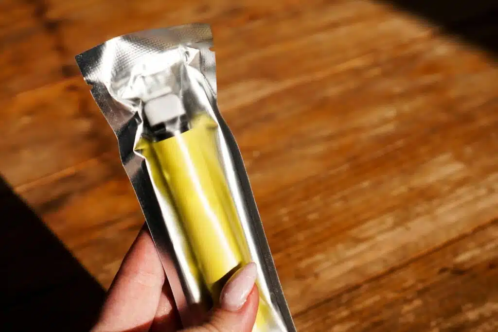 A hand holding an unopened, disposable yellow vape pen in a silver package, with tips on how to tell if you have a fake Delta 8 disposable.