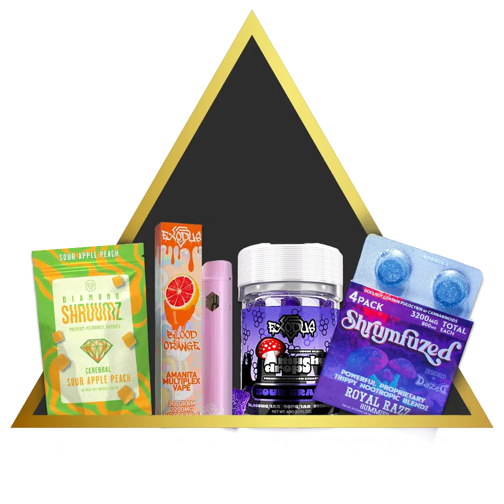An assortment of mushroom-infused products displayed against a yellow triangular background with the text "all mushrooms" above.