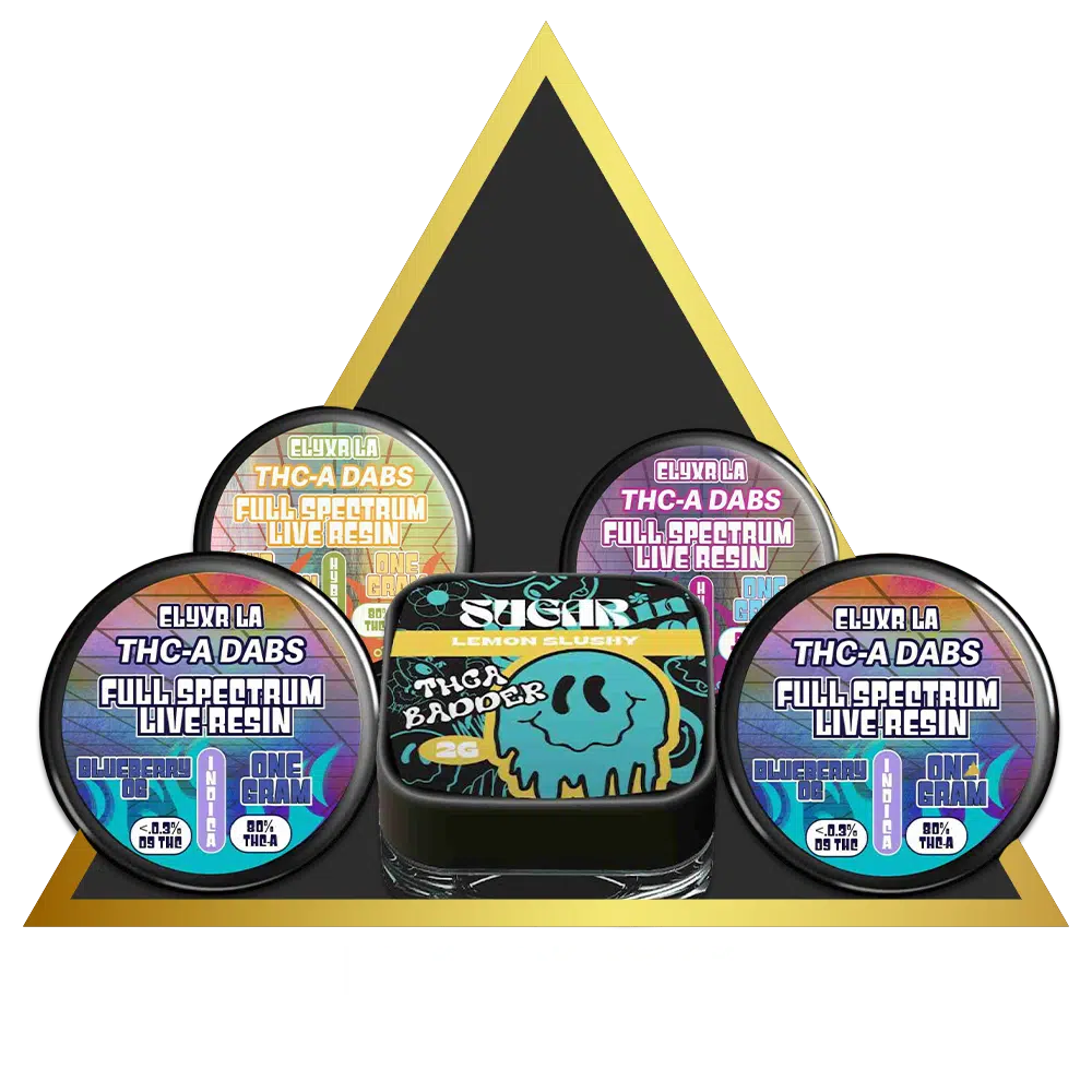 Five containers of thc-a dab products displayed with a "badder" label at the bottom center against a black and yellow geometric background.