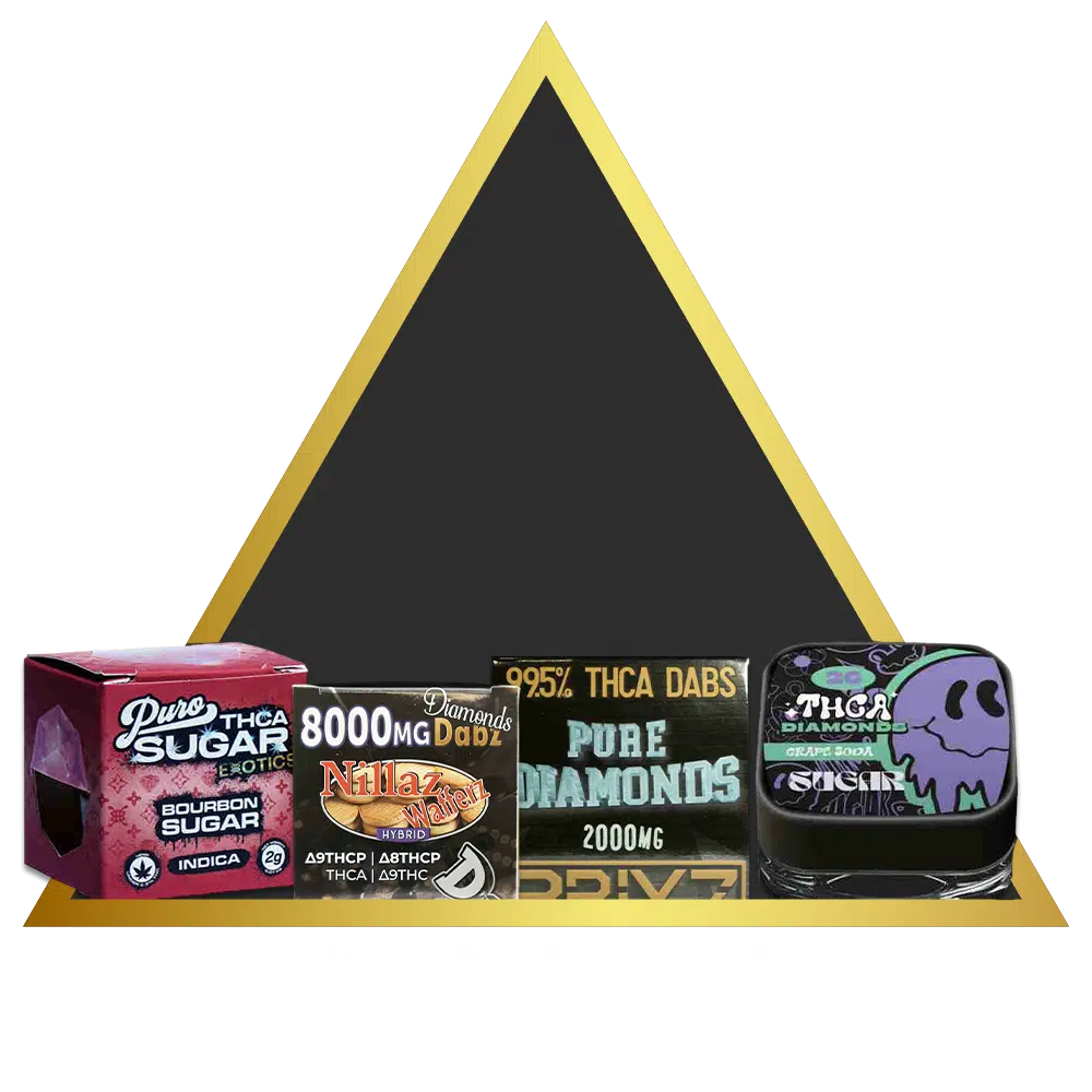 Colored packages of delta 8 thc products displayed against a geometric background.