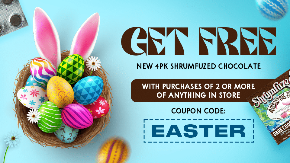 Easter promotional banner offering free 4k shrumfuzed chocolate with purchases of 2 or more items, using the coupon code: easter.