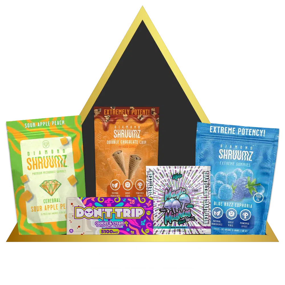 A variety of brightly colored packages labeled as "mushroom edibles" with descriptors indicating different flavors and potency levels.