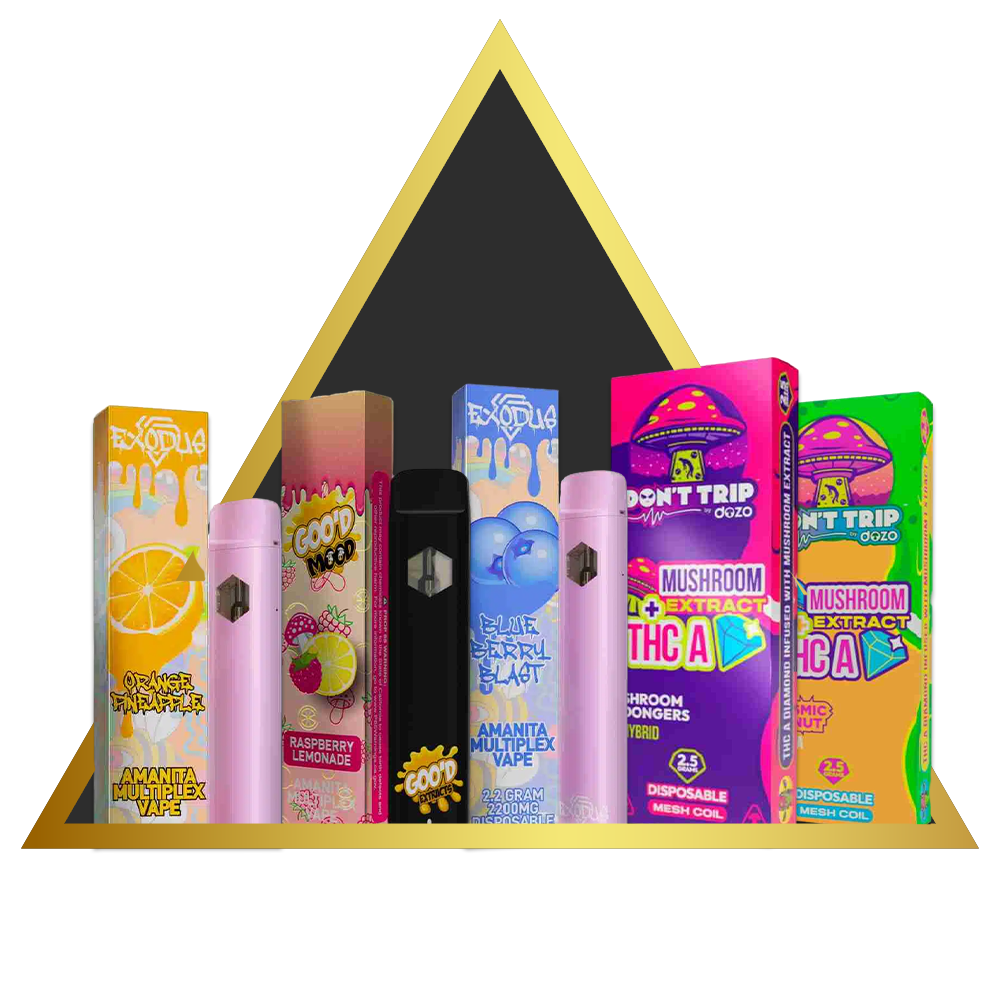 An assortment of colorful mushroom vape product packaging displayed in front of a triangular graphic background.