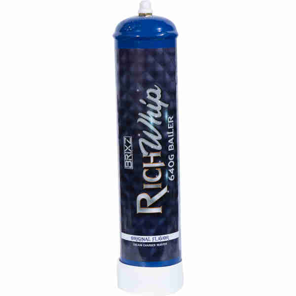 A canister of RichWhip by BRIXZ - 640g Baller Gas Original Flavor whipping cream, standing upright against a white background.