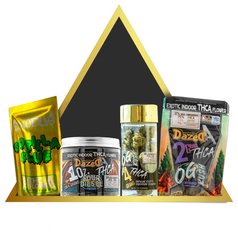 A variety of packaged thc-infused products displayed against a gold background with text "premium thca flower" at the bottom.