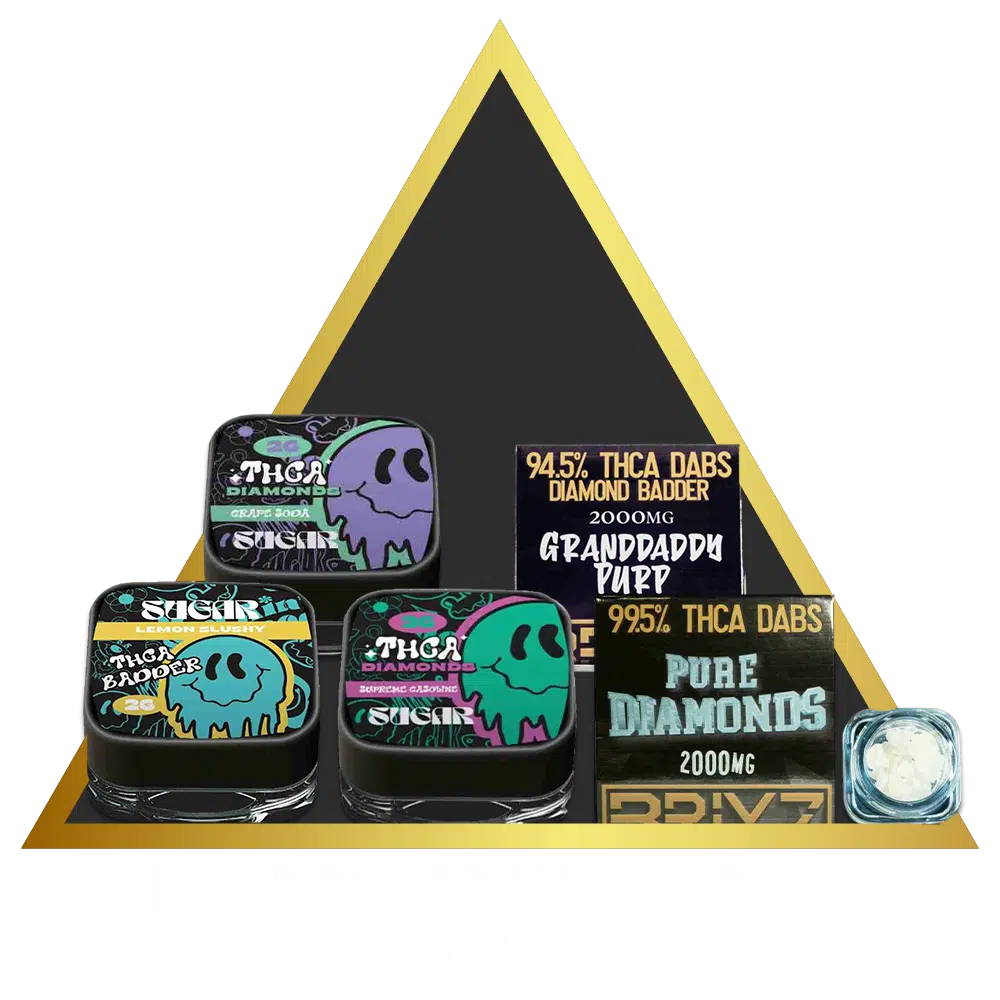 Display of various thc dab products with potency levels and branding, arranged aesthetically with a triangular black and gold background.