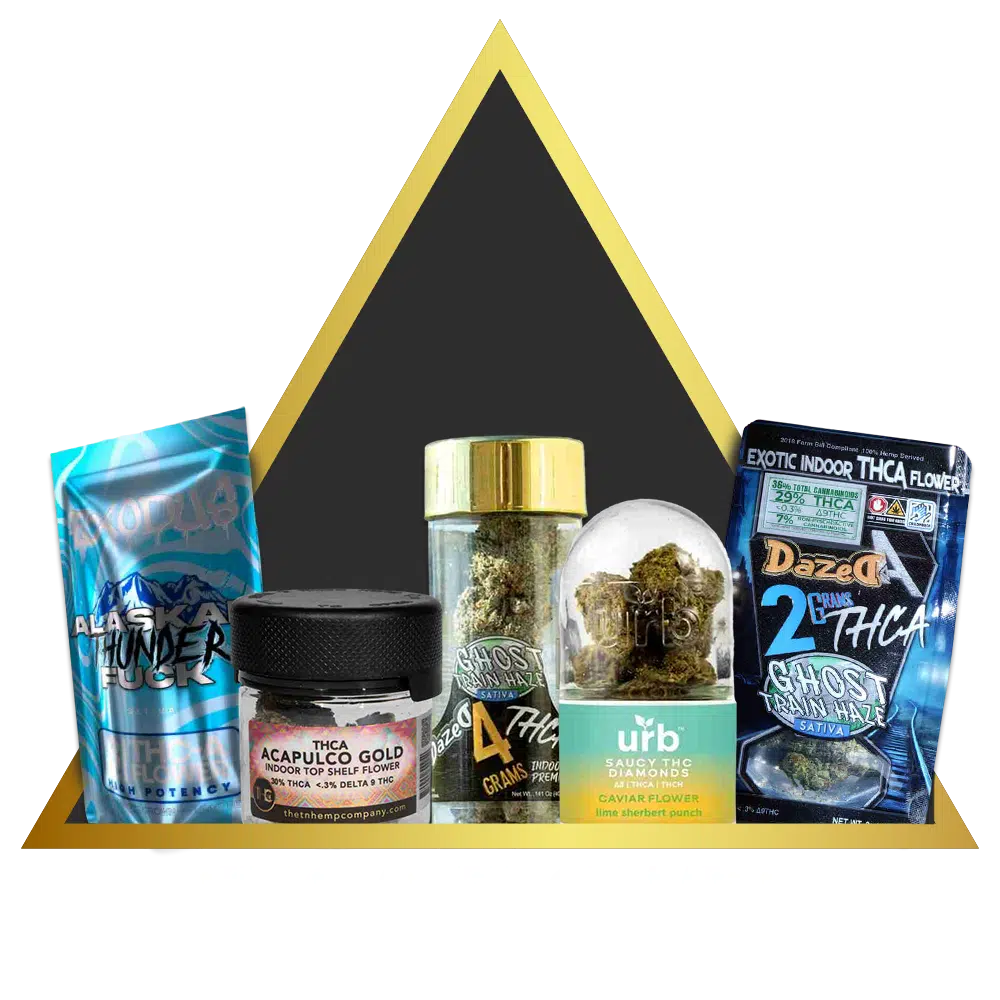 Assorted thca flower products with various brand packaging displayed against a yellow background.