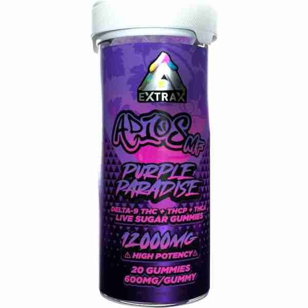 Product image of a container labeled "atlrx extrax purple paradise delta-8 thc + THCA live sugar blend gummies, 1200mg, 4 high potency, 20 g