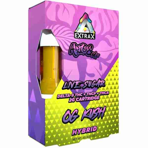 Vibrantly colored product packaging for a Delta Extrax cannabis extract vape cartridge with "Live Sugar Blend, delta-9 thc, THCA Cartridges, 2g cartridge" descriptions.