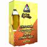 A brightly colored product package for Delta Extrax Adios THCA cartridges with Super Lemon Haze sativa flavor.