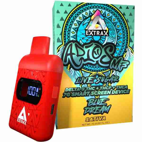 A red vaping device with a digital display next to its packaging labeled "adios live sugar Delta Extrax delta 9thc-o 2g smart recharge device, Blue Dream sativa.