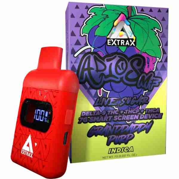 A red handheld Delta Extrax vaping device with a digital display, alongside a colorful product package for a live sugar blend extract labeled "granddaddy purp indica.