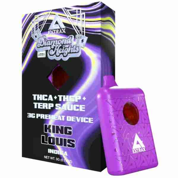 A product image featuring a package of Delta Extrax "Diamond Eights King Louis" THCA + THCP Terp Sauce with a purple and black design, alongside a matching container.
